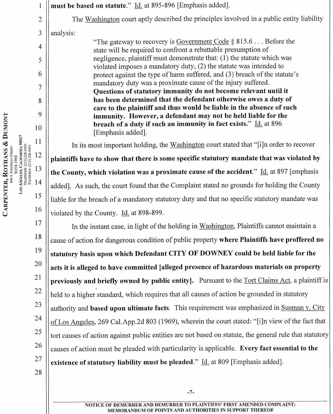 Notice of Demurrer and Demurrer to Plaintiffs' First Amended Complaint by Defendant City of Downey ;Memorandum of Points and Authorities in Support Thereof Case No.: VC046716