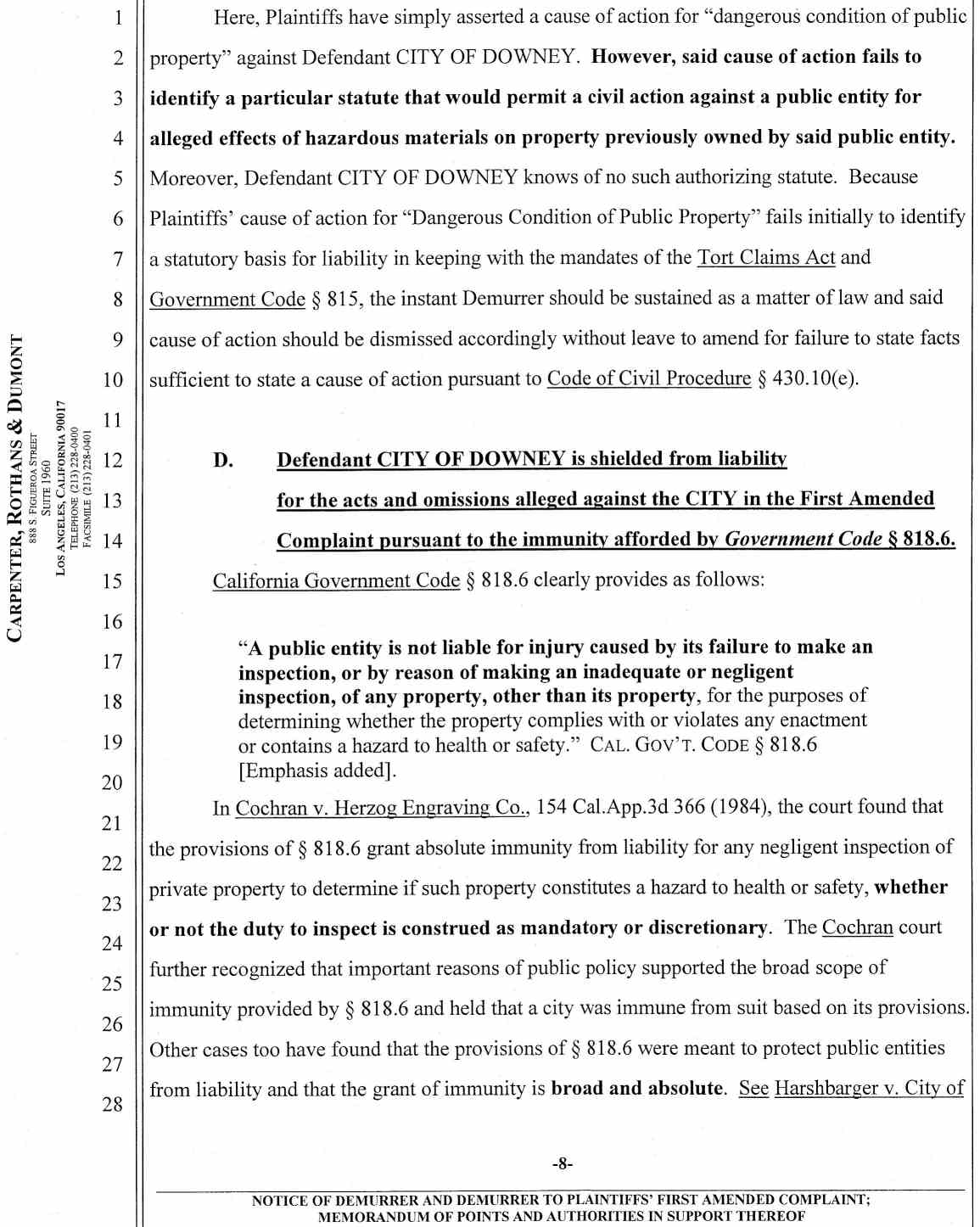 Notice of Demurrer and Demurrer to Plaintiffs' First Amended Complaint by Defendant City of Downey ;Memorandum of Points and Authorities in Support Thereof Case No.: VC046716