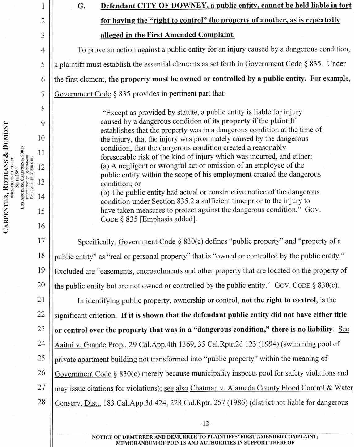 Notice of Demurrer and Demurrer to Plaintiffs' First Amended Complaint by Defendant City of Downey ;Memorandum of Points and Authorities in Support Thereof Case No.: VC046716