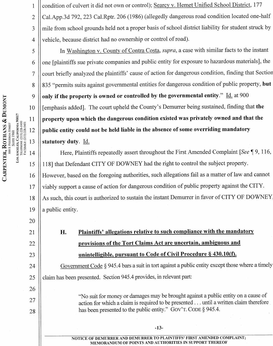 Notice of Demurrer and Demurrer to Plaintiffs' First Amended Complaint by Defendant City of Downey ;Memorandum of Points and Authorities in Support Thereof Case No.: VC046716