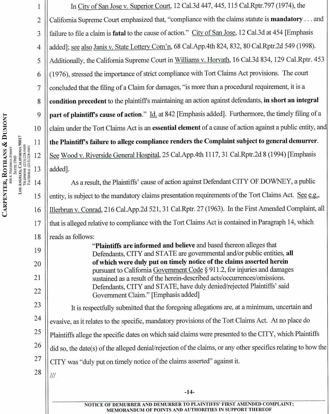 Notice of Demurrer and Demurrer to Plaintiffs' First Amended Complaint by Defendant City of Downey ;Memorandum of Points and Authorities in Support Thereof Case No.: VC046716