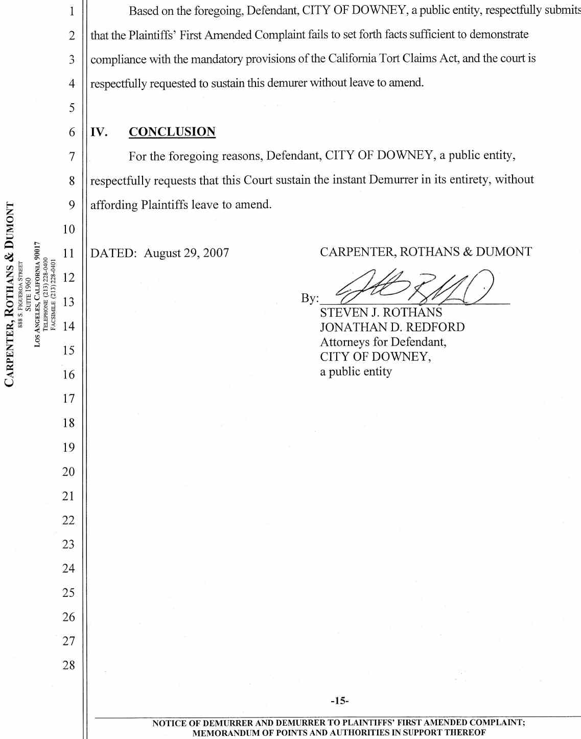 Notice of Demurrer and Demurrer to Plaintiffs' First Amended Complaint by Defendant City of Downey ;Memorandum of Points and Authorities in Support Thereof Case No.: VC046716