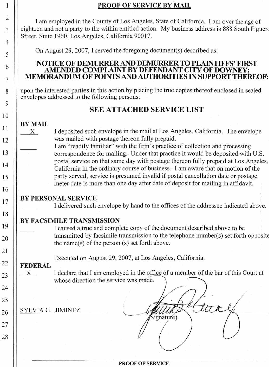 Notice of Demurrer and Demurrer to Plaintiffs' First Amended Complaint by Defendant City of Downey ;Memorandum of Points and Authorities in Support Thereof Case No.: VC046716