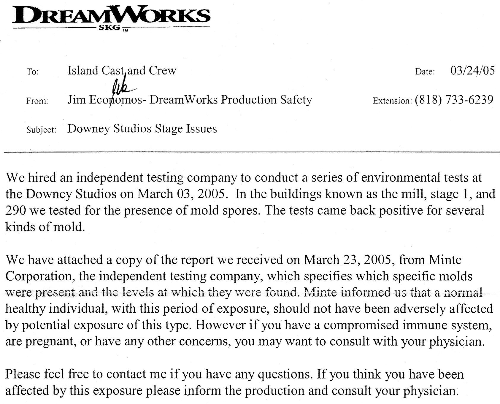 DreamWorks letter to Island Cast and Crew of March 24, 2005 and Mintie Report