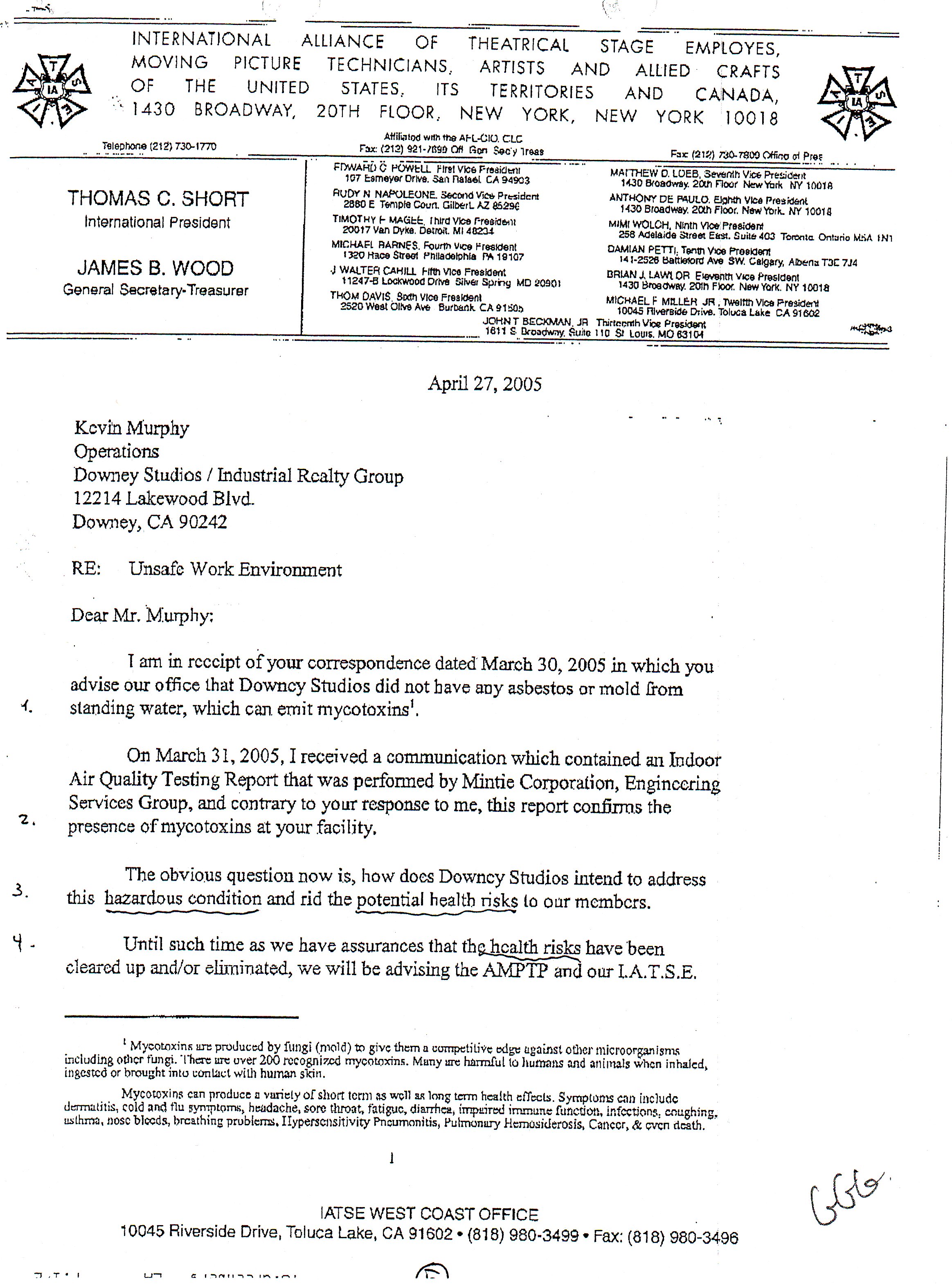 April 2005 to June 2005 correspondence between International Alliance of Theatrical Stage Employes Union, Downey Studios and Quest an environmental risk corporation