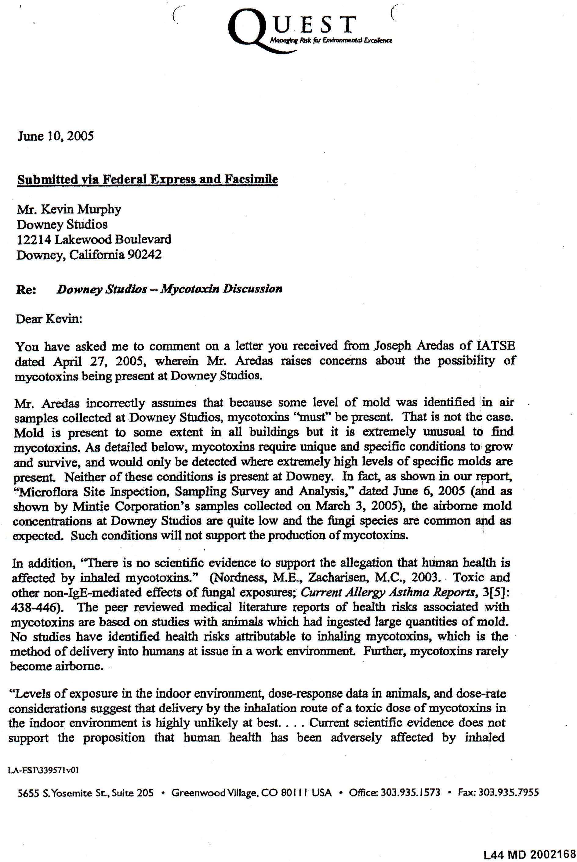 April 2005 to June 2005 correspondence between International Alliance of Theatrical Stage Employes Union, Downey Studios and Quest an environmental risk corporation