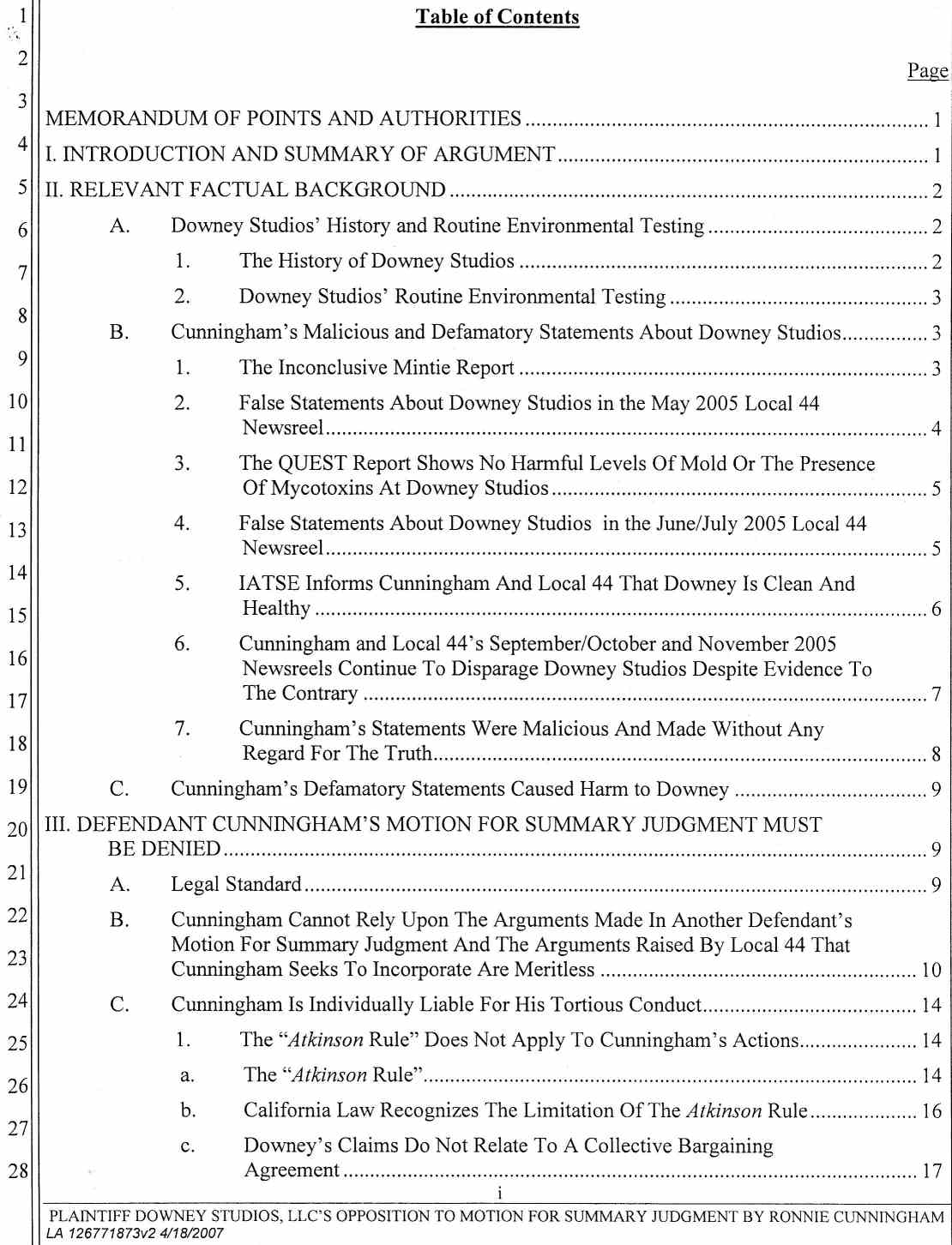 Plaintiff Downey Studios, LLC's Opposition to Ronnie Cunningham's Motion for Summary Judgment or, in the Alternative Summary or, in the Alternative Summary Adjudication April 25, 2007