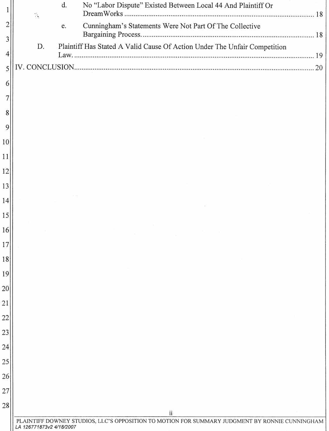 Plaintiff Downey Studios, LLC's Opposition to Ronnie Cunningham's Motion for Summary Judgment or, in the Alternative Summary or, in the Alternative Summary Adjudication April 25, 2007