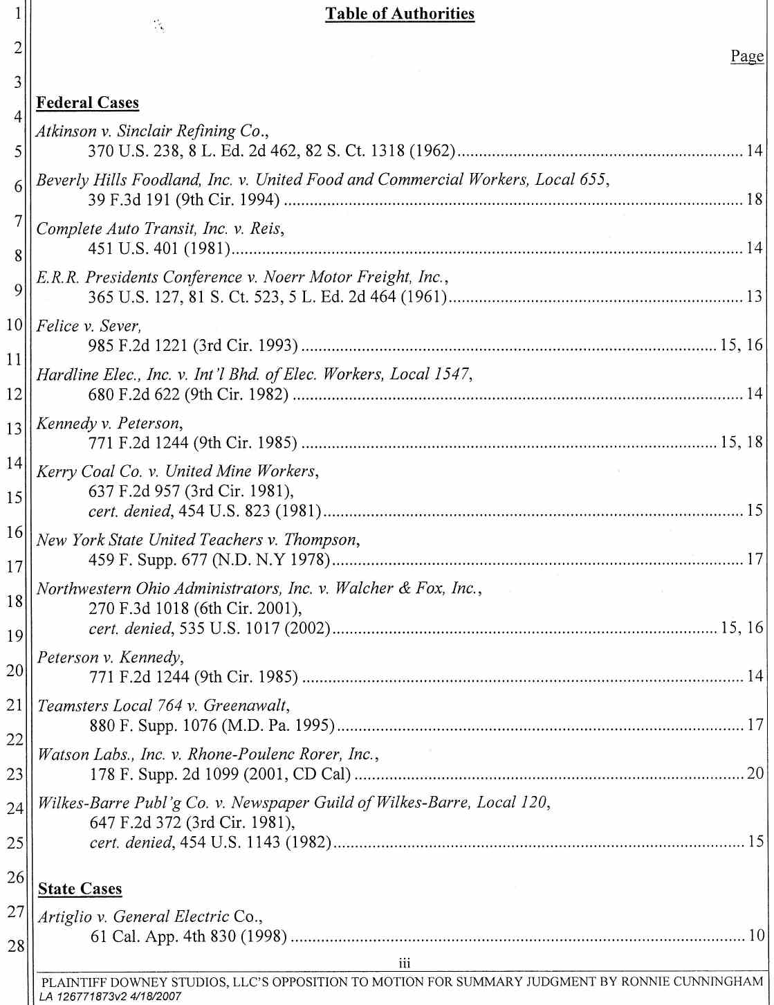 Plaintiff Downey Studios, LLC's Opposition to Ronnie Cunningham's Motion for Summary Judgment or, in the Alternative Summary or, in the Alternative Summary Adjudication April 25, 2007