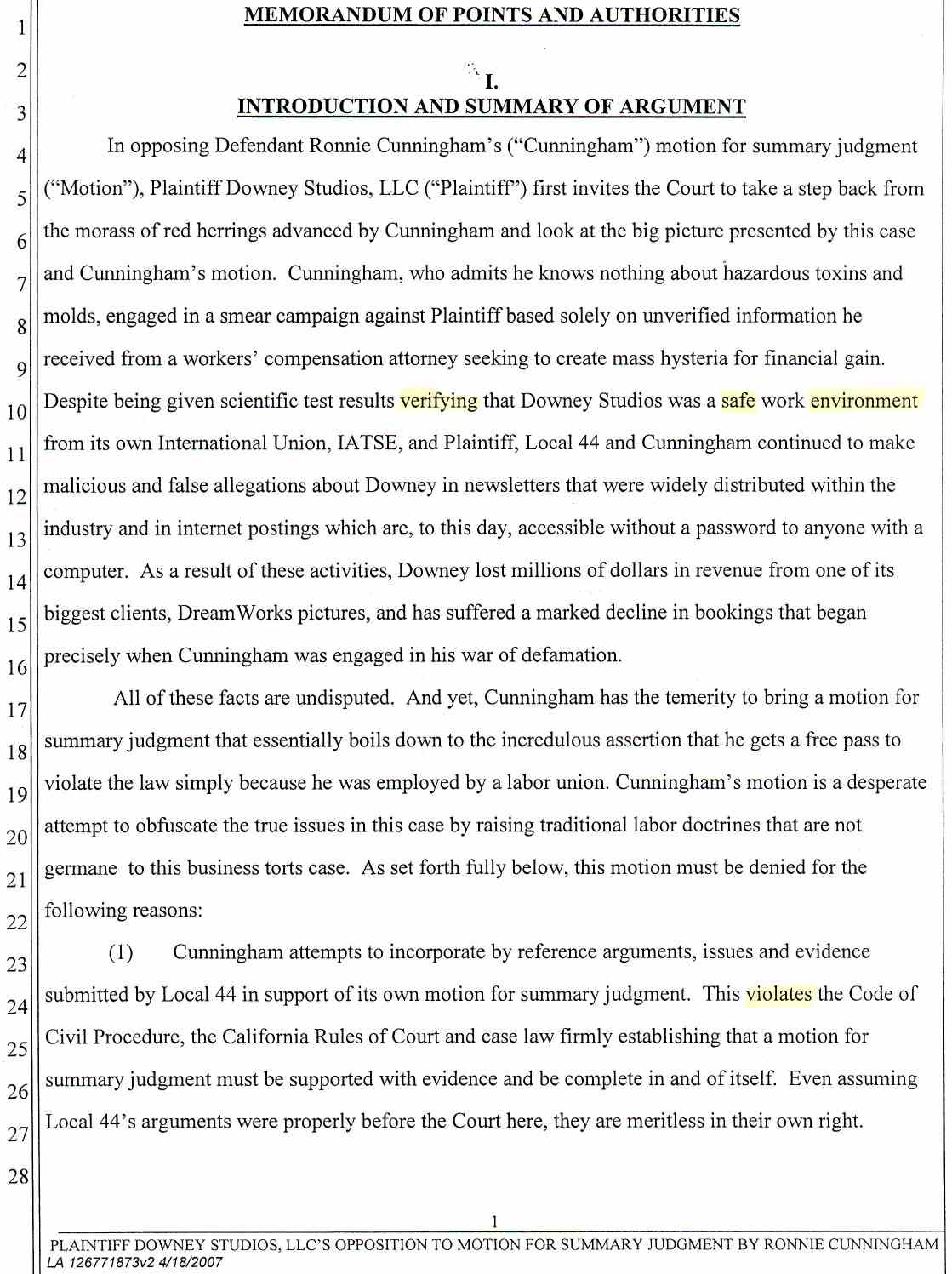 Plaintiff Downey Studios, LLC's Opposition to Ronnie Cunningham's Motion for Summary Judgment or, in the Alternative Summary or, in the Alternative Summary Adjudication April 25, 2007