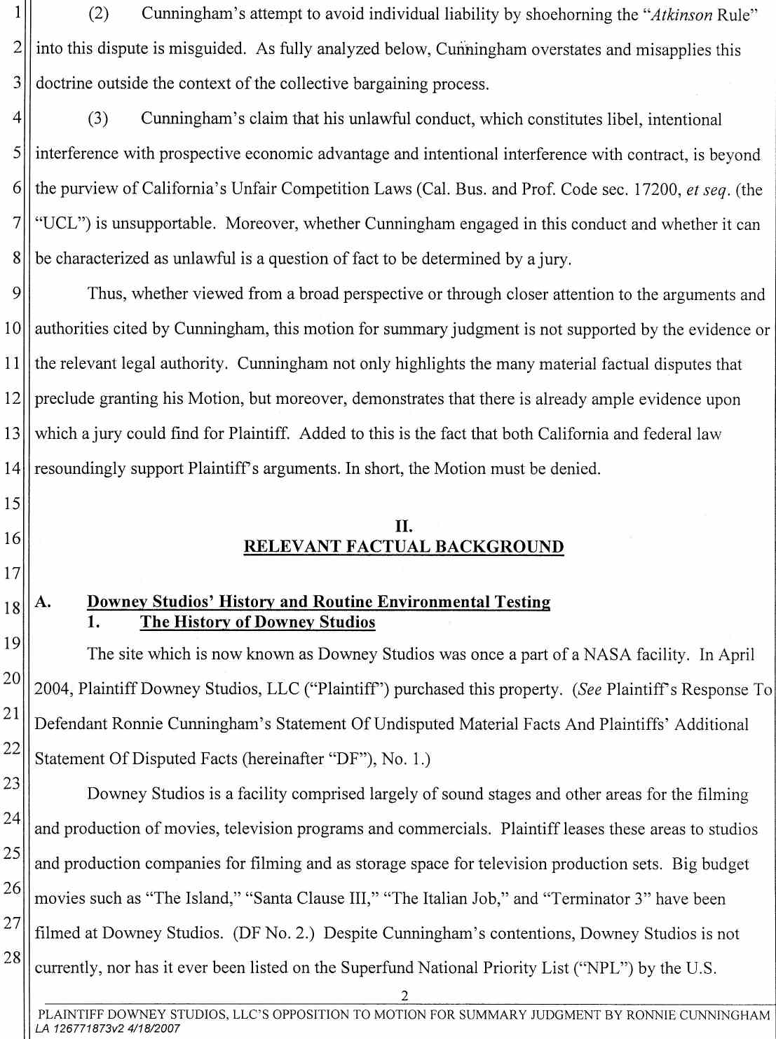 Plaintiff Downey Studios, LLC's Opposition to Ronnie Cunningham's Motion for Summary Judgment or, in the Alternative Summary or, in the Alternative Summary Adjudication April 25, 2007