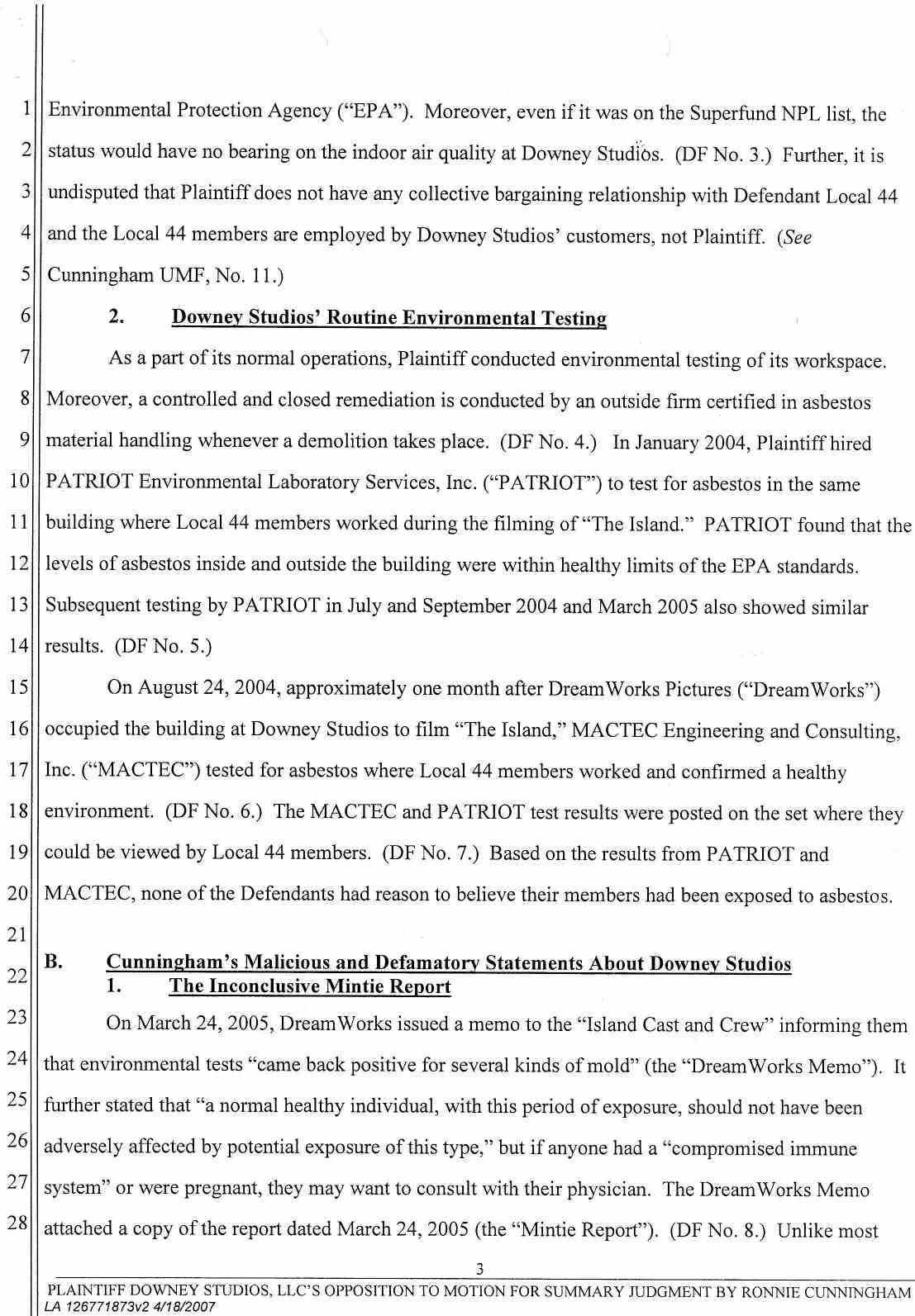 Plaintiff Downey Studios, LLC's Opposition to Ronnie Cunningham's Motion for Summary Judgment or, in the Alternative Summary or, in the Alternative Summary Adjudication April 25, 2007