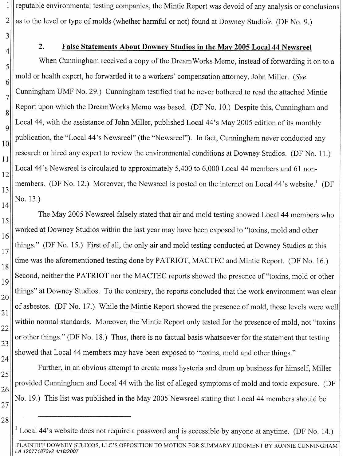 Plaintiff Downey Studios, LLC's Opposition to Ronnie Cunningham's Motion for Summary Judgment or, in the Alternative Summary or, in the Alternative Summary Adjudication April 25, 2007