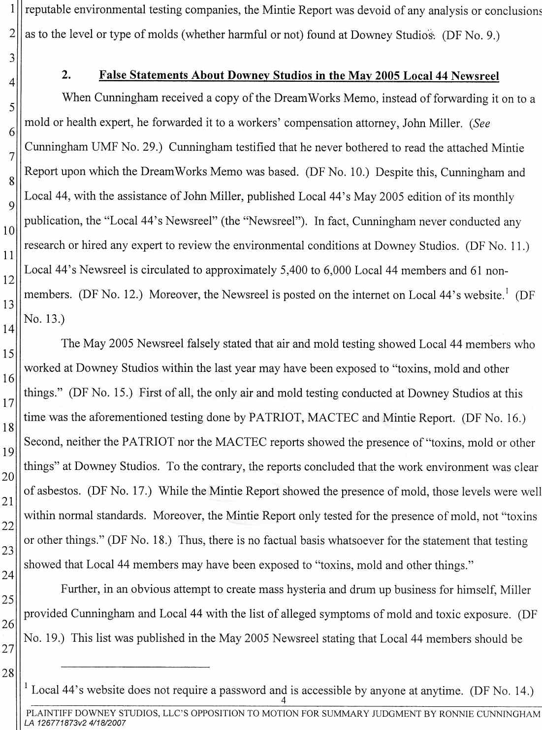 Plaintiff Downey Studios, LLC's Opposition to Ronnie Cunningham's Motion for Summary Judgment or, in the Alternative Summary or, in the Alternative Summary Adjudication April 25, 2007