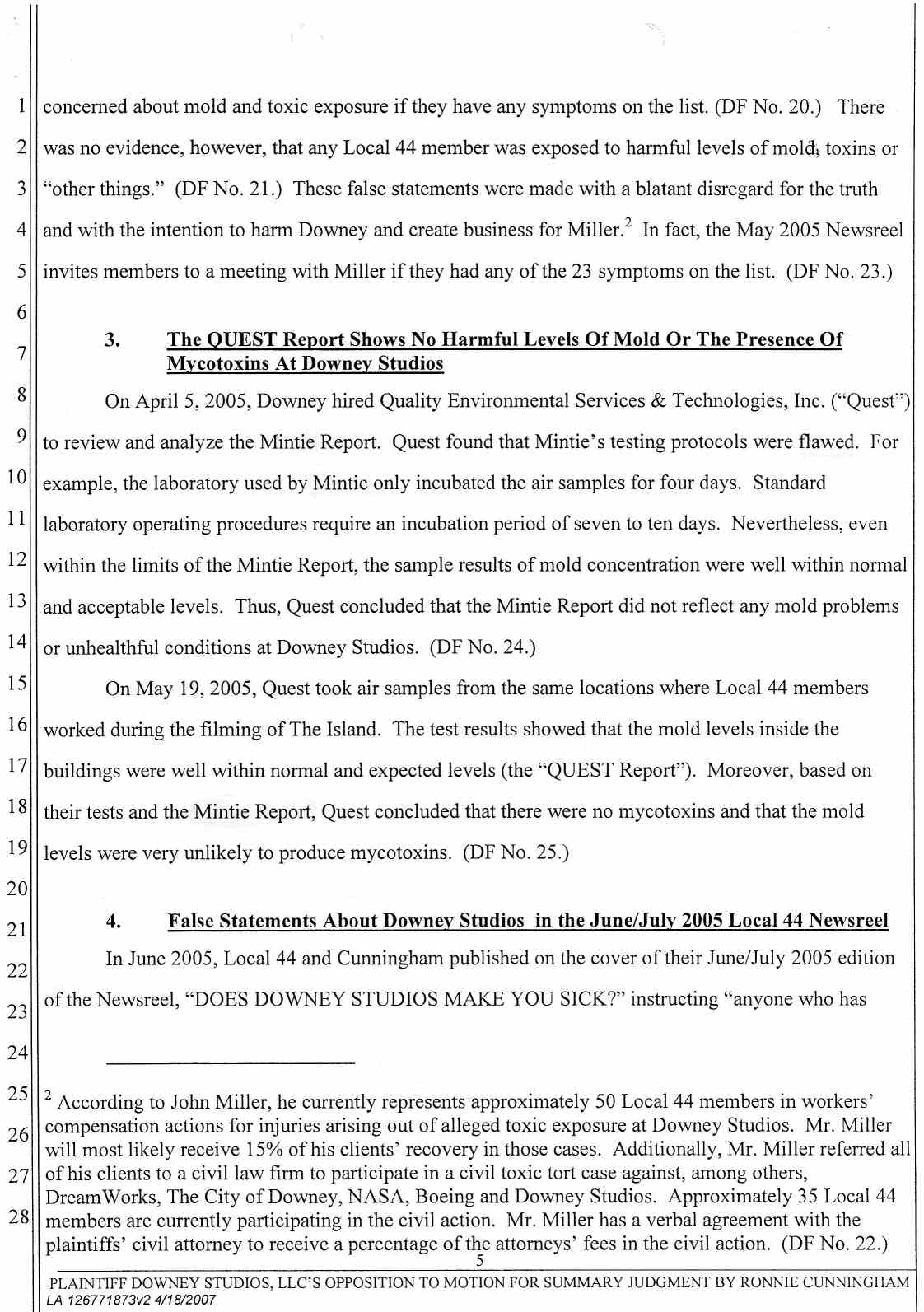 Plaintiff Downey Studios, LLC's Opposition to Ronnie Cunningham's Motion for Summary Judgment or, in the Alternative Summary or, in the Alternative Summary Adjudication April 25, 2007