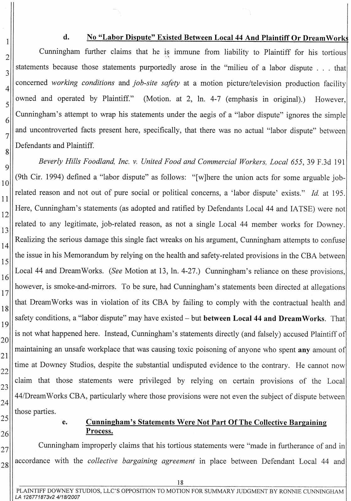 Plaintiff Downey Studios, LLC's Opposition to Ronnie Cunningham's Motion for Summary Judgment or, in the Alternative Summary or, in the Alternative Summary Adjudication April 25, 2007