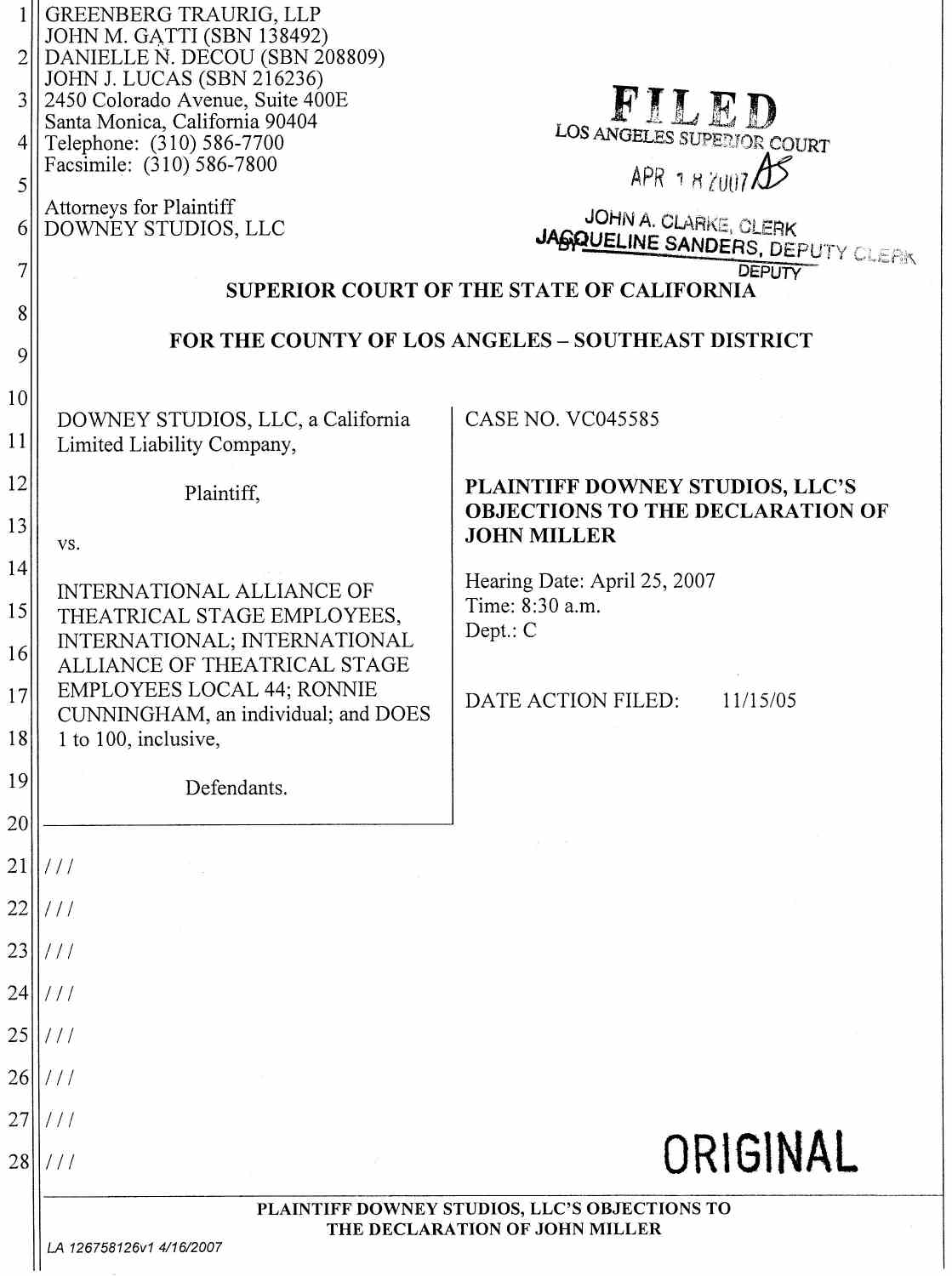 Plaintiff Downey Studios, LLC's Objections to the Declaration of John Miller - April 25, 2007