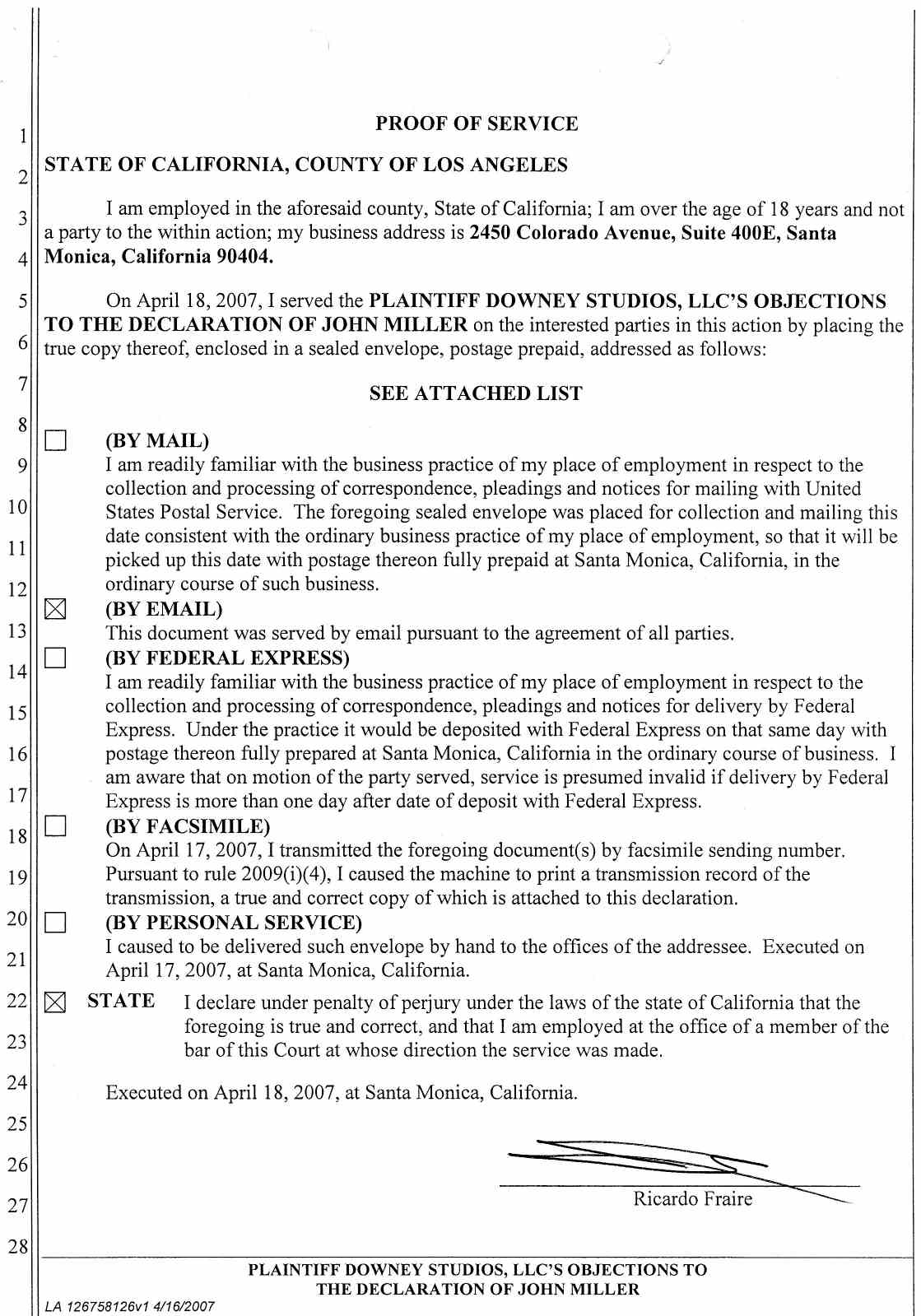 Plaintiff Downey Studios, LLC's Objections to the Declaration of John Miller - April 25, 2007