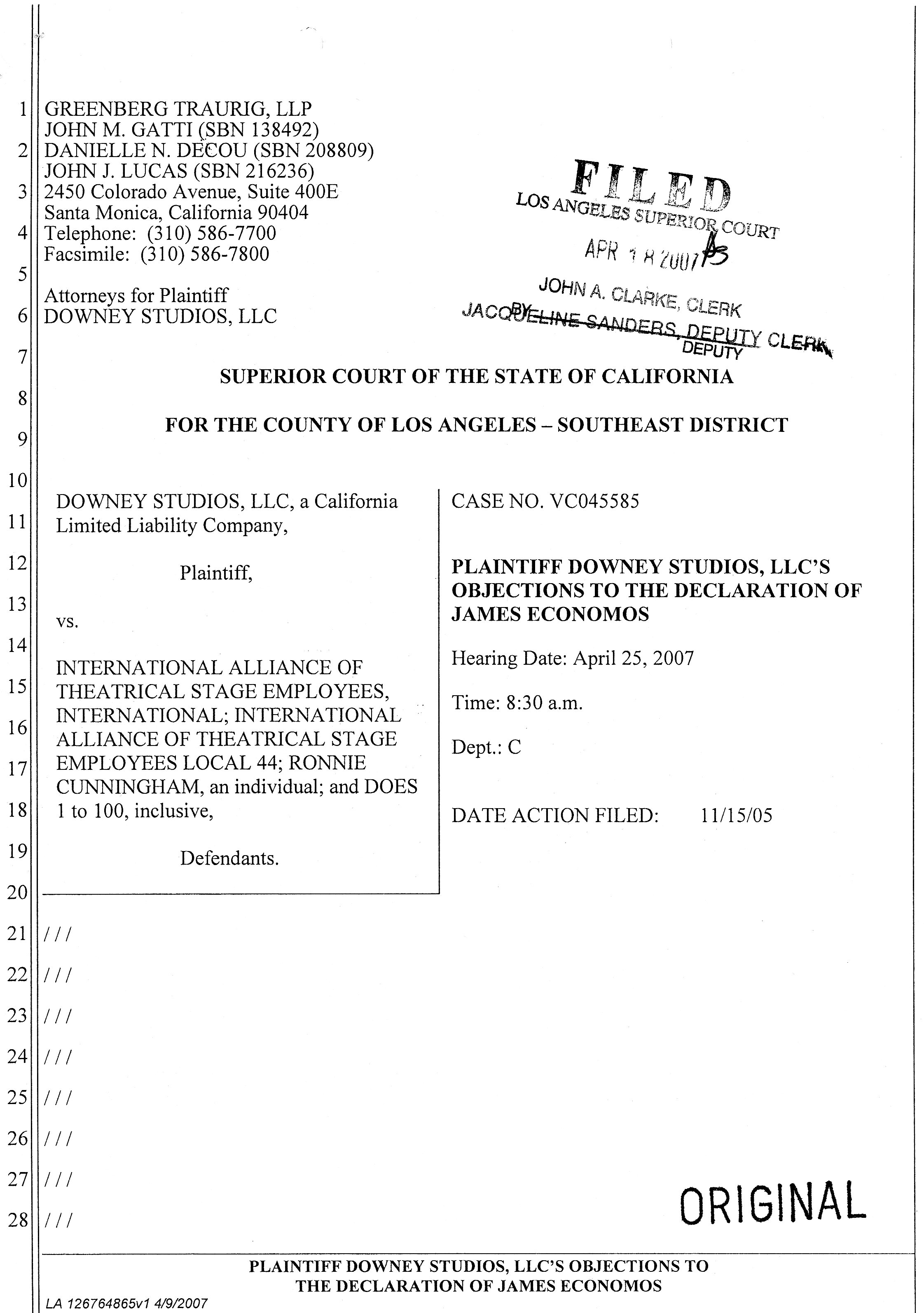 04/18/2007 Opposition (PLAINTIFF DOWNEY STUDIOS, LLC'S OBJECTIONS TO THE DECLARATION OF JAMES ECONOMOS )