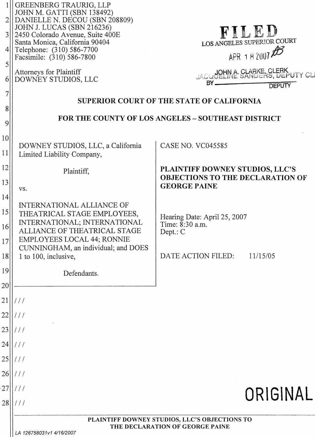 Plaintiff Downey Studios, LLC's Objections to The Declaration of George Paine April 25, 2007