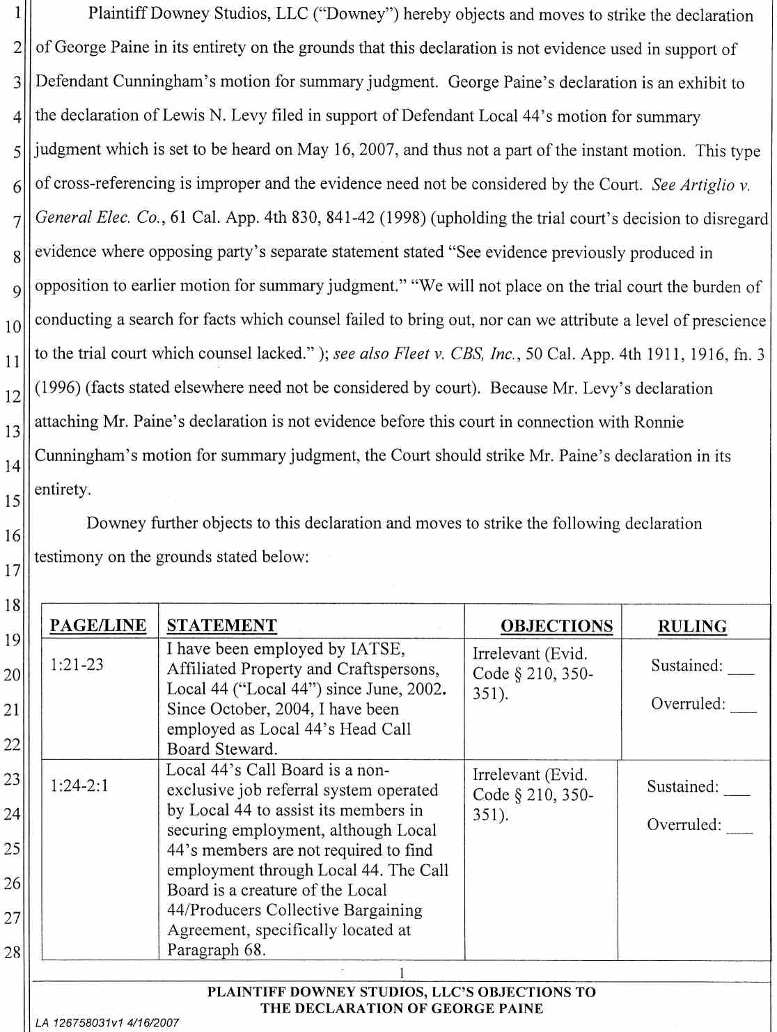 Plaintiff Downey Studios, LLC's Objections to The Declaration of George Paine April 25, 2007