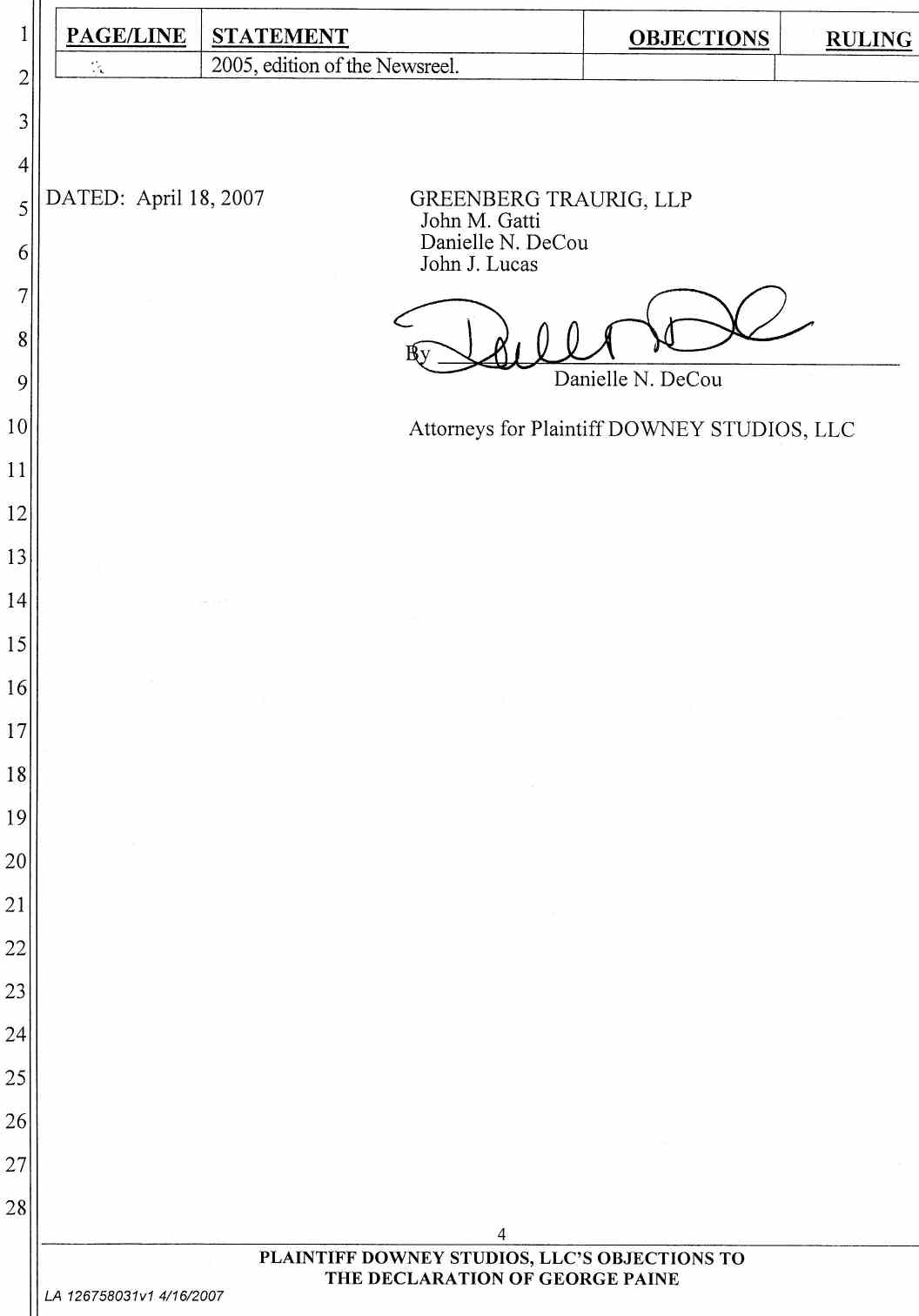 Plaintiff Downey Studios, LLC's Objections to The Declaration of George Paine April 25, 2007