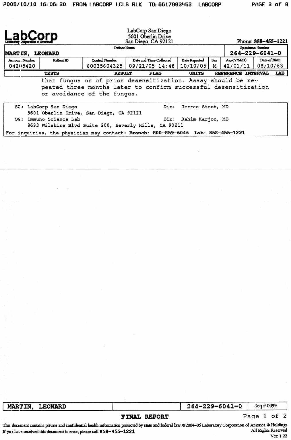 Medical Lab Reports for Leonard Martin dated October 10, 2005