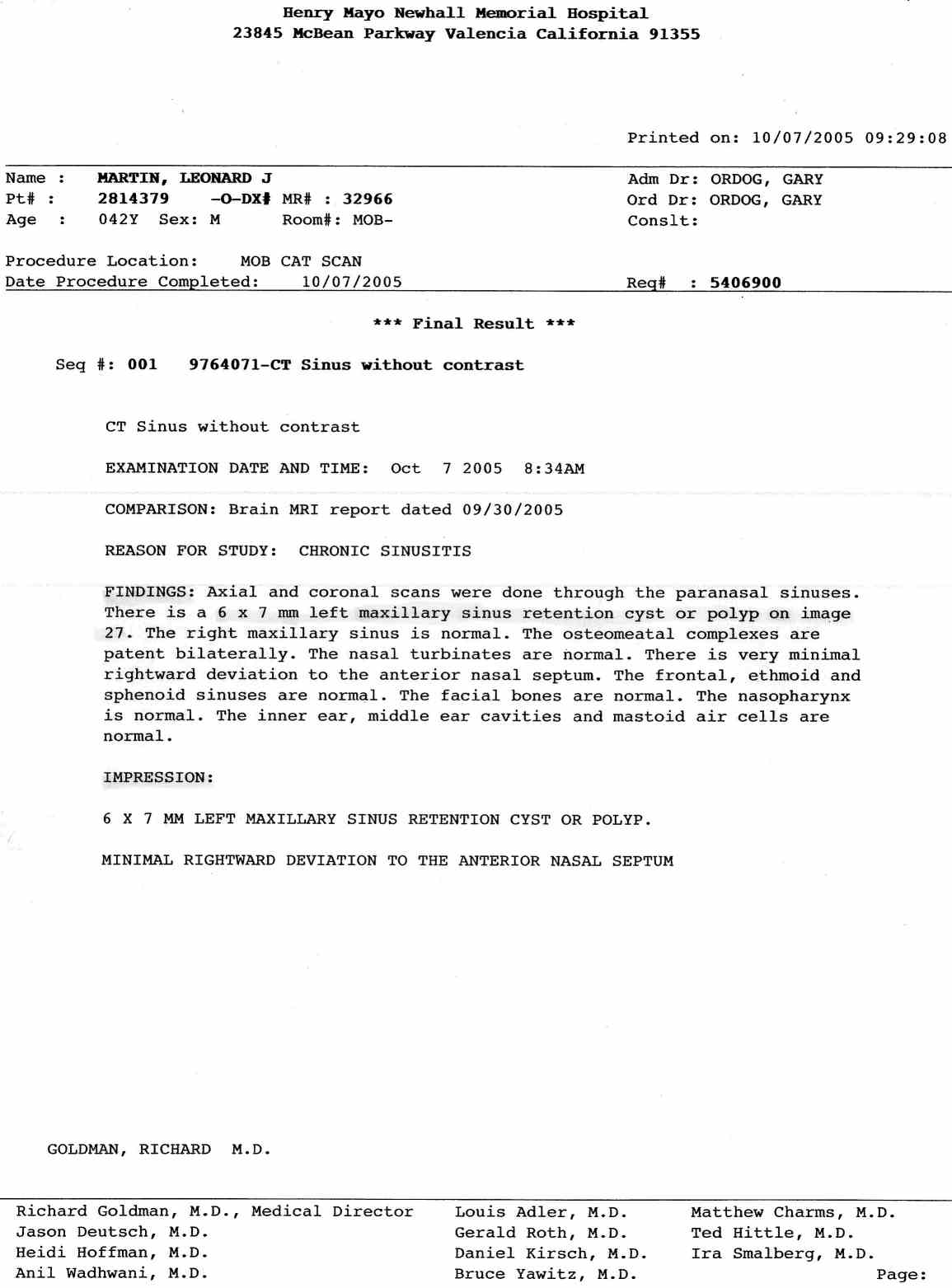 Medical Lab Reports for Leonard Martin dated October 10, 2005