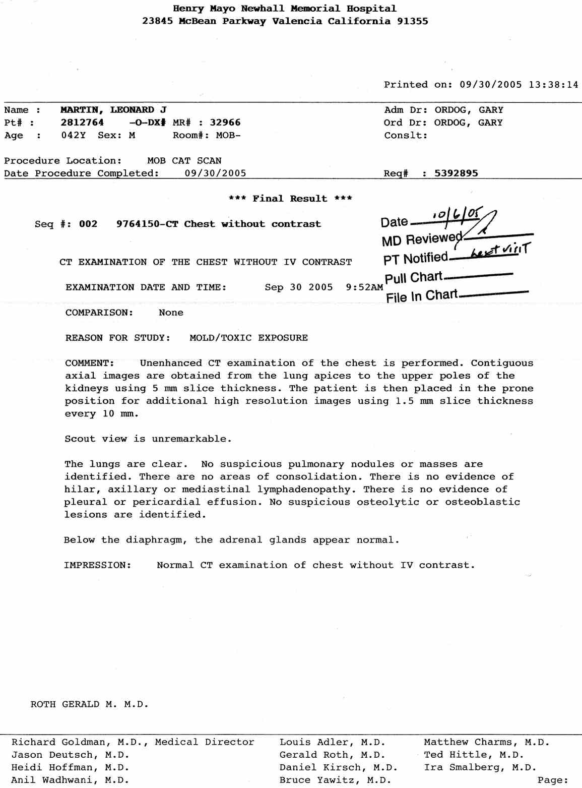 Medical Lab Reports for Leonard Martin dated October 10, 2005