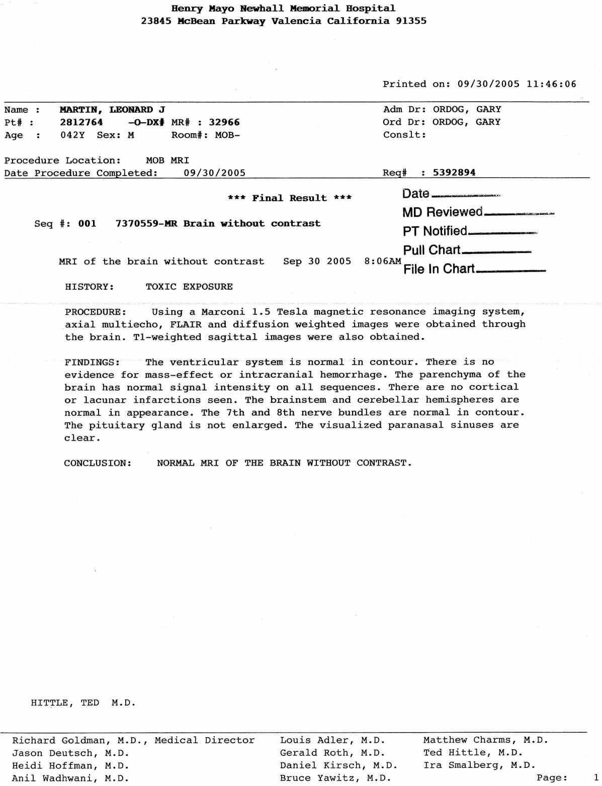 Medical Lab Reports for Leonard Martin dated October 10, 2005