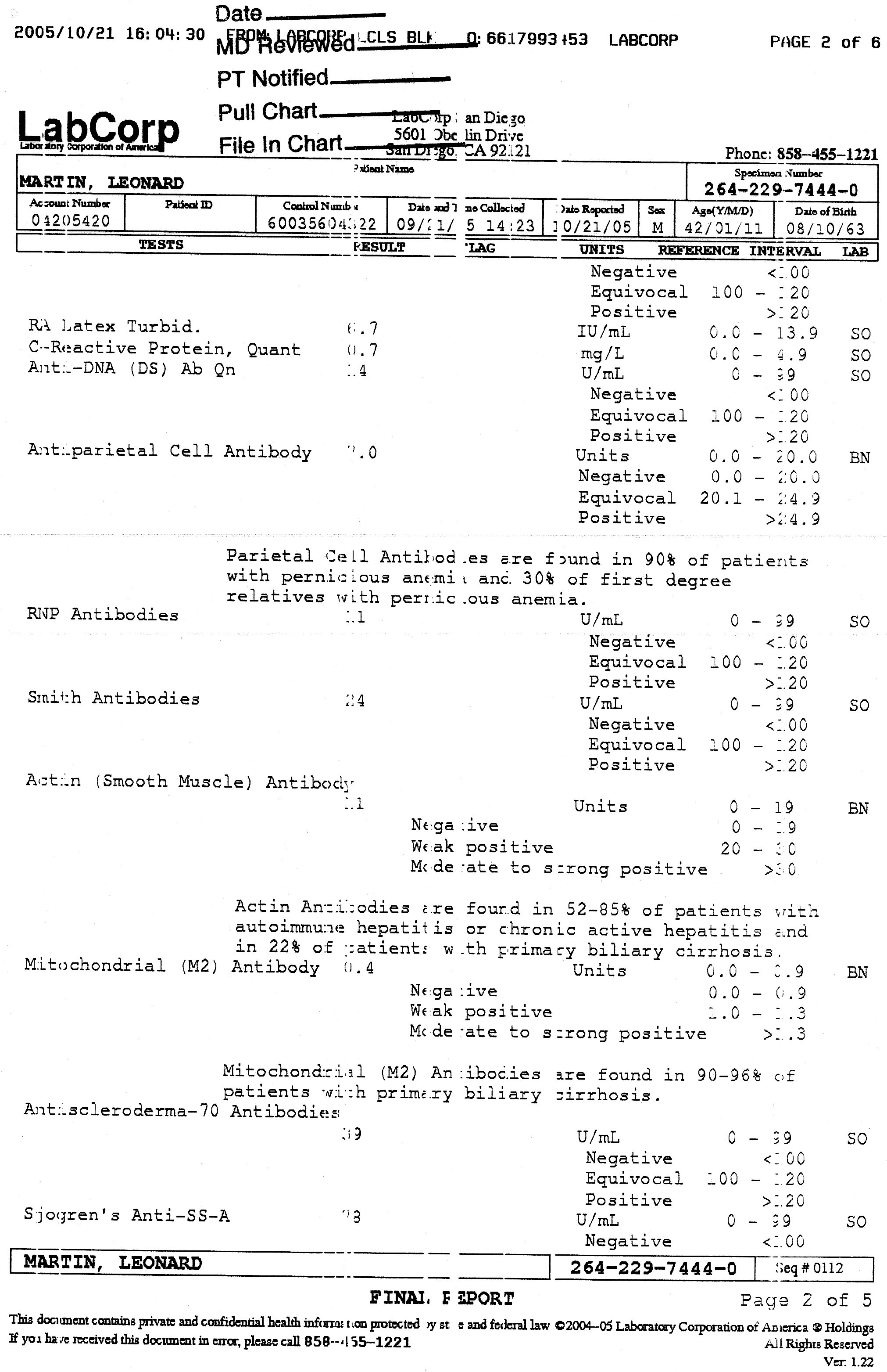 Medical Lab Reports for Leonard Martin dated October 10, 2005