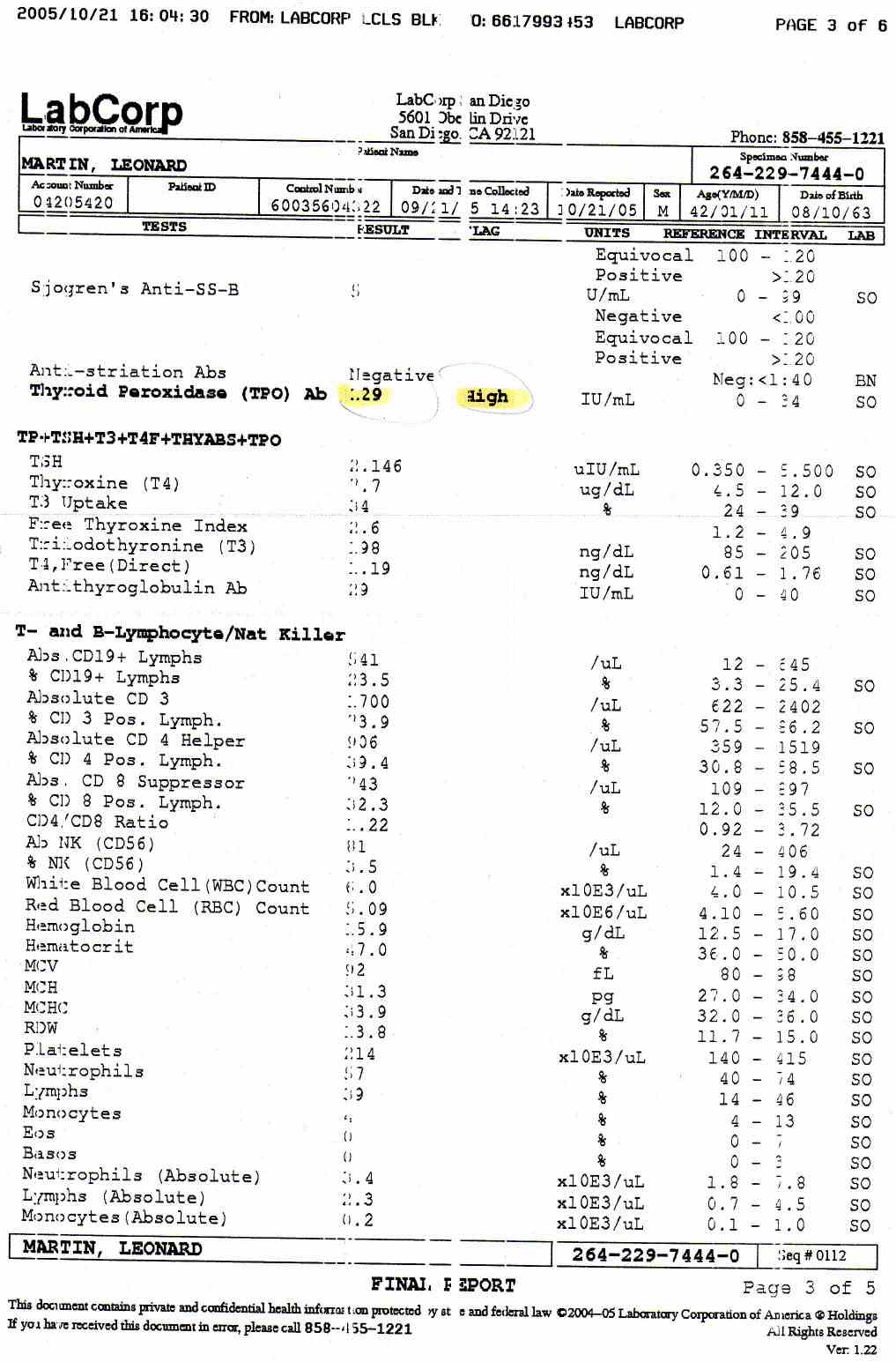 Medical Lab Reports for Leonard Martin dated October 10, 2005