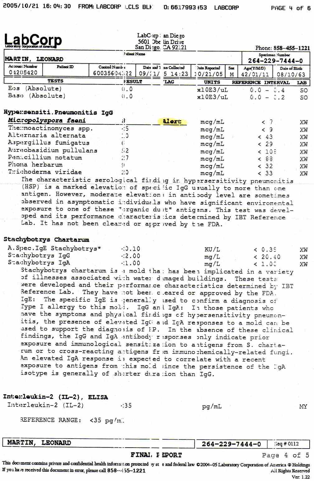 Medical Lab Reports for Leonard Martin dated October 10, 2005