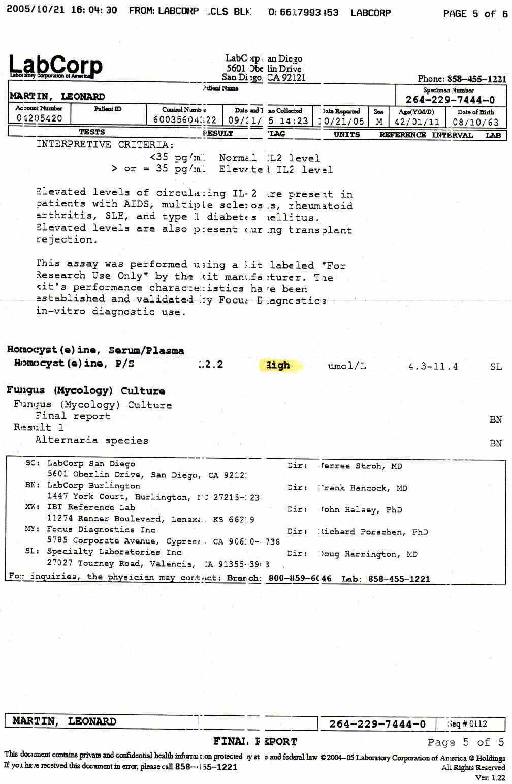 Medical Lab Reports for Leonard Martin dated October 10, 2005