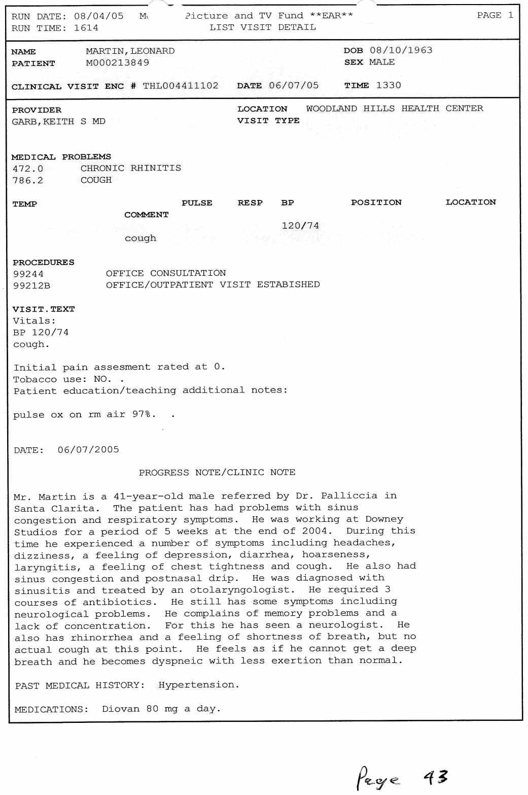 August 4, 2005 medical documentation of Leonard Martin who became ill while working on site at Downey Studios.