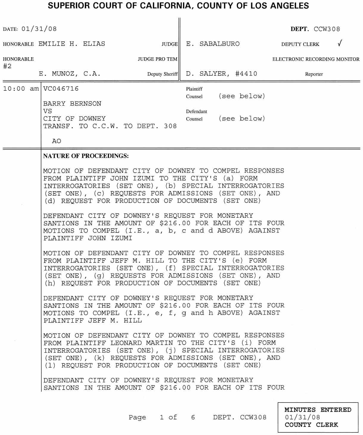 Motion of Defendant City of Downey to Compel Responses from Plaintiff John Izumi to the City's - January 31, 1008