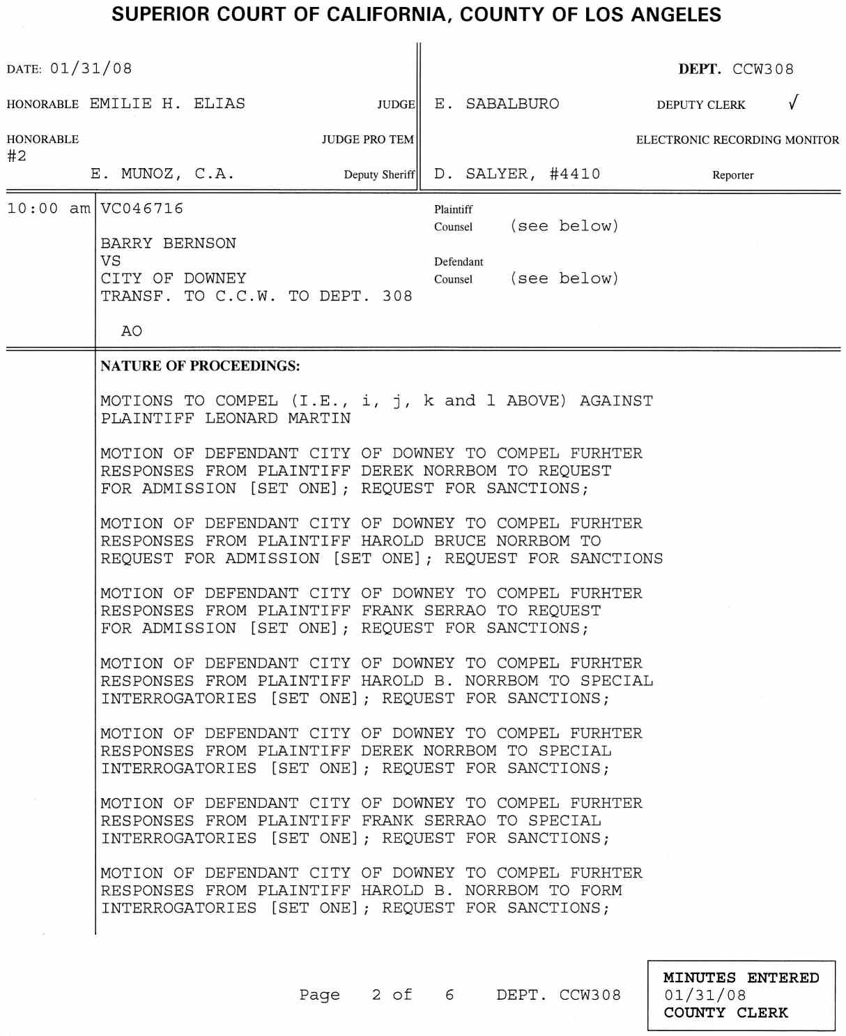 Motion of Defendant City of Downey to Compel Responses from Plaintiff John Izumi to the City's - January 31, 1008