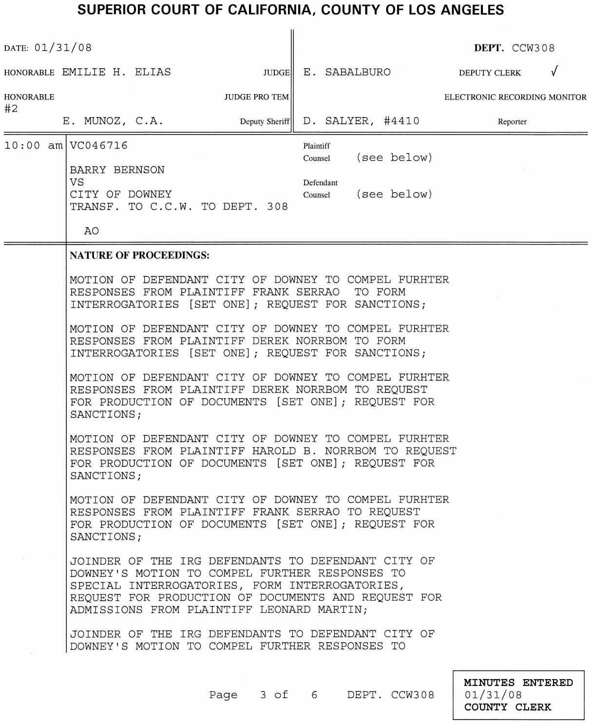 Motion of Defendant City of Downey to Compel Responses from Plaintiff John Izumi to the City's - January 31, 1008