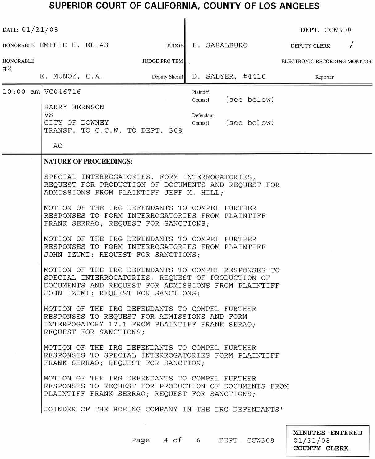 Motion of Defendant City of Downey to Compel Responses from Plaintiff John Izumi to the City's - January 31, 1008