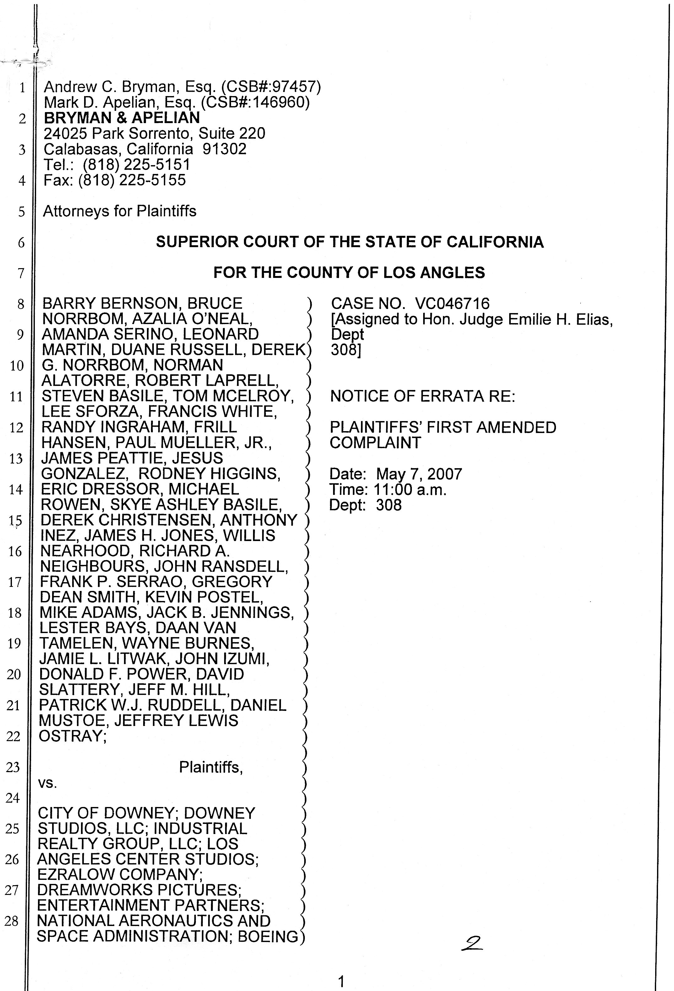 Barry Bernson, et al vs City of Downey, Downey Studios LLC, Industrial Realty Group, Los Angeles Center Studios, Ezralow Company, Dreamworks Pictures, Entertainment Partners, national Aeronautics and Space Administration, Boeing, VC 046716