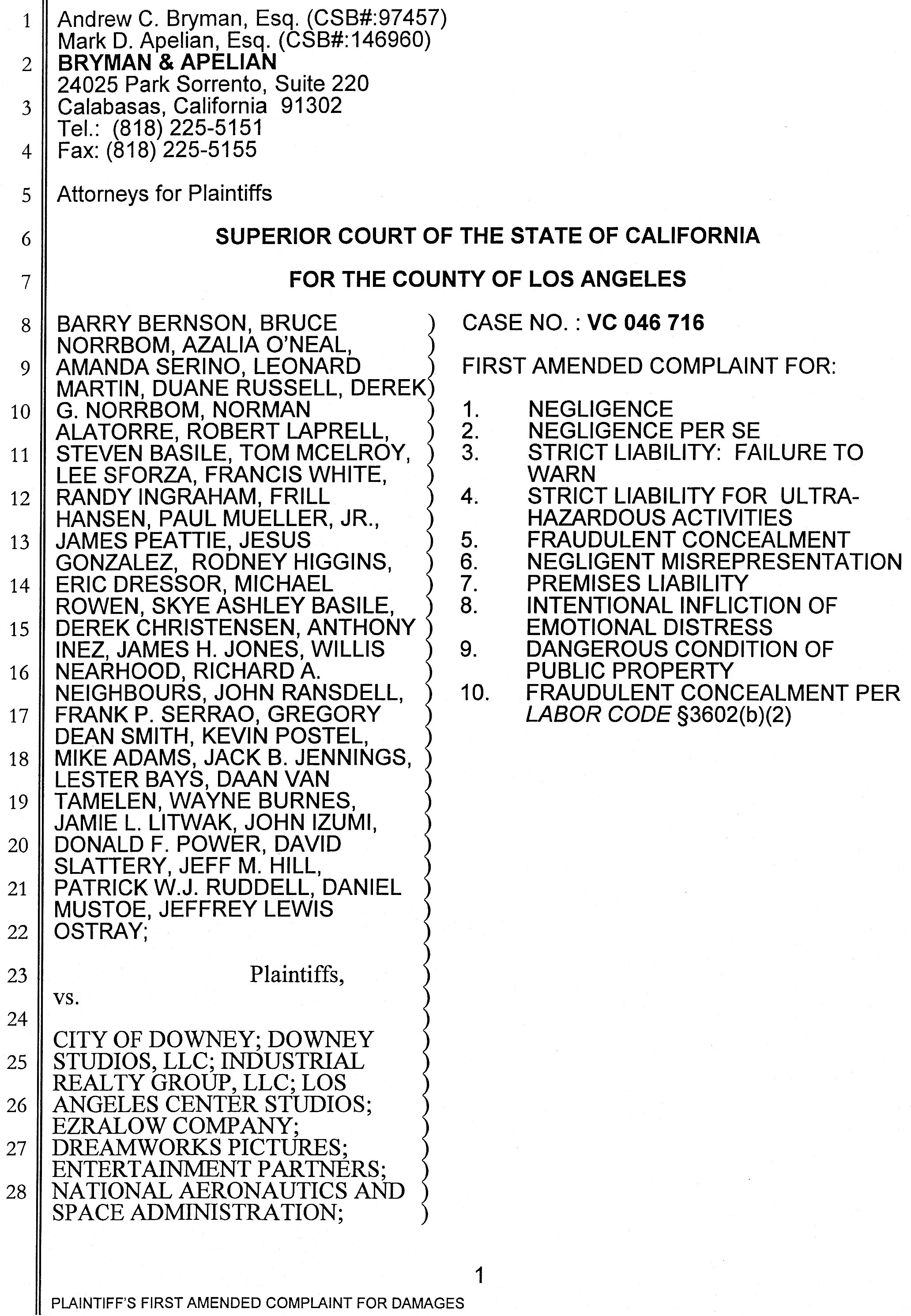 Barry Bernson, et al vs City of Downey, Downey Studios LLC, Industrial Realty Group, Los Angeles Center Studios, Ezralow Company, Dreamworks Pictures, Entertainment Partners, national Aeronautics and Space Administration, Boeing, VC 046716