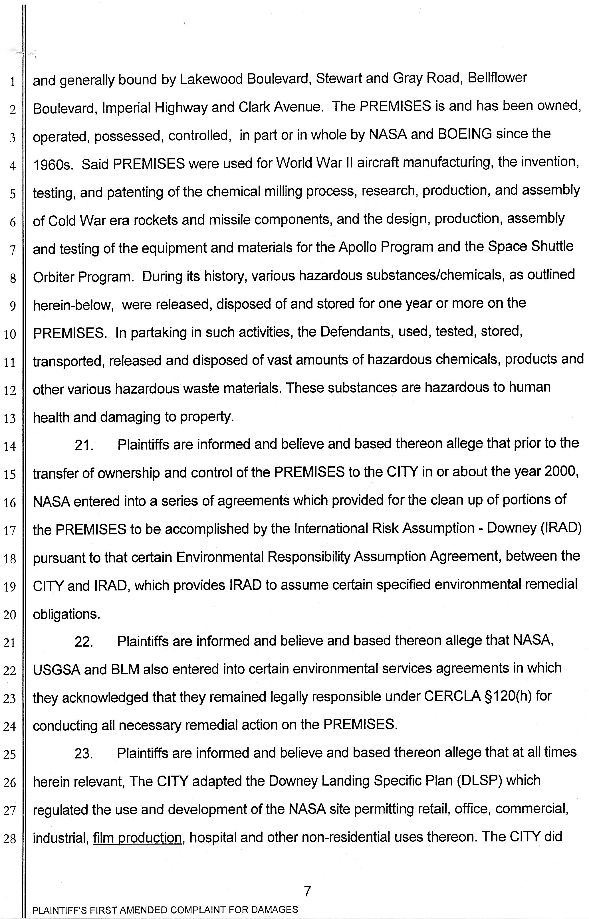 Barry Bernson, et al vs City of Downey, Downey Studios LLC, Industrial Realty Group, Los Angeles Center Studios, Ezralow Company, Dreamworks Pictures, Entertainment Partners, national Aeronautics and Space Administration, Boeing, VC 046716