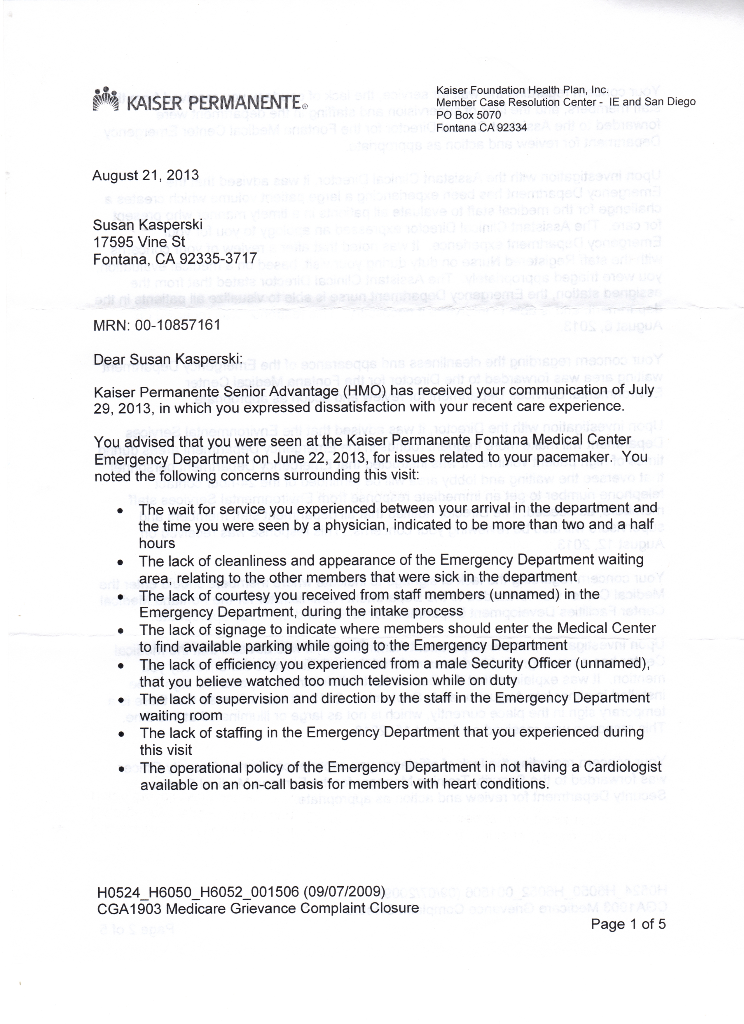 Letter from Mark Barnes Kaiser Fontana Member Services to Susan Kasperski