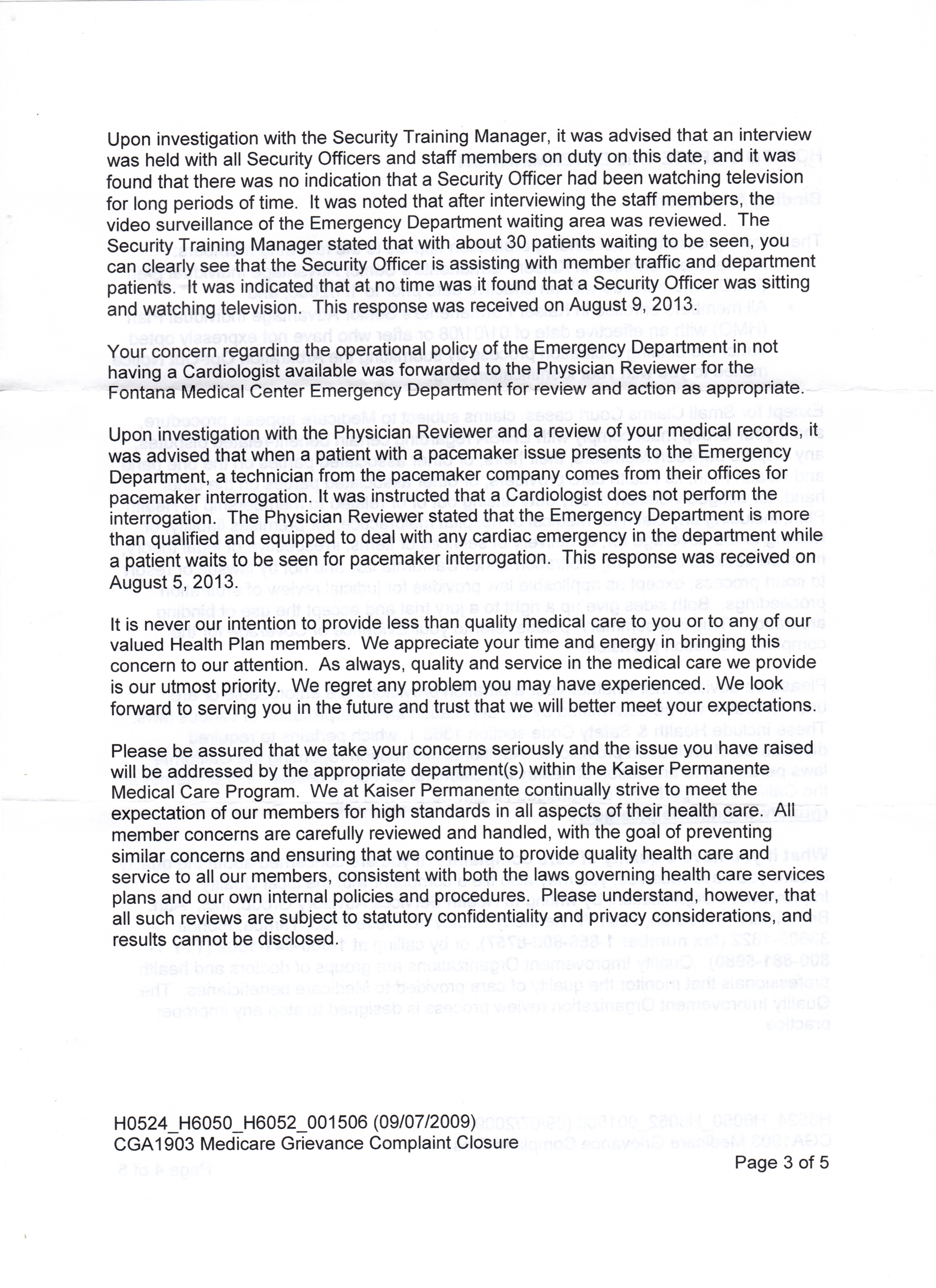 Kaiser Permanente Fontana letter written to Susan Kasperski by Mark Barnes of Member Services