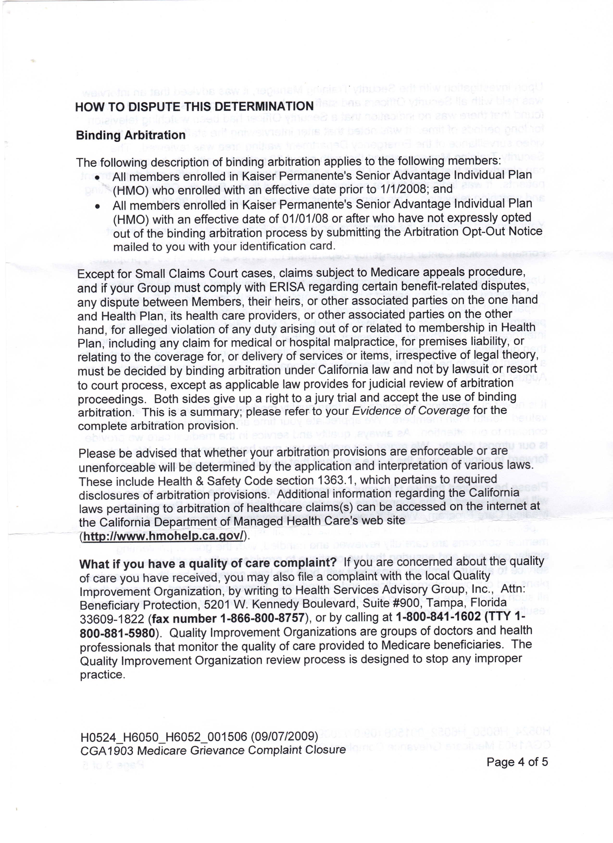 Letter written by Mark Barnes Kaiser Permanente Fontana Member Services