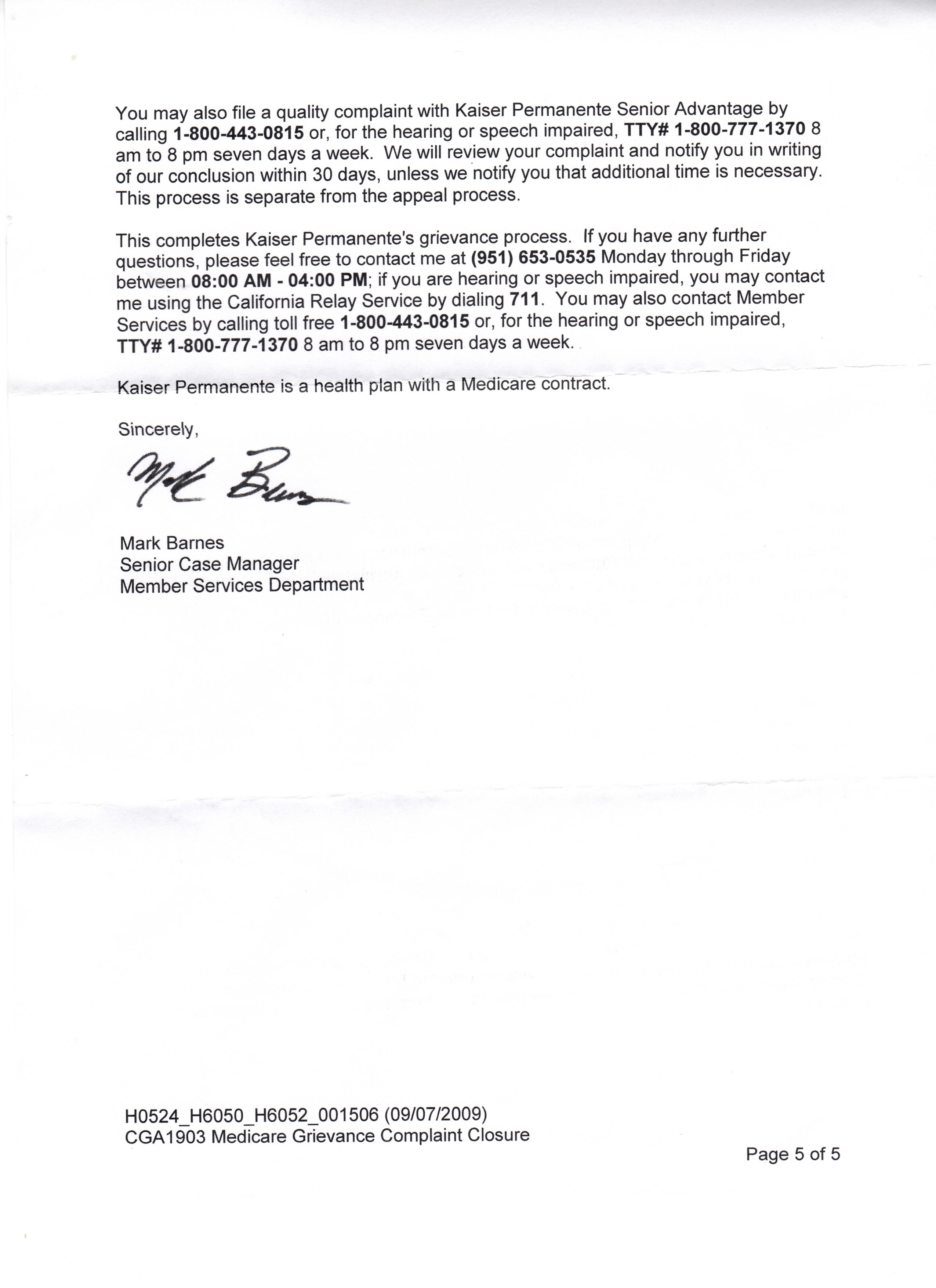 Mark Barnes Kaiser Permanente Member Services Letter to Susan Kasperski