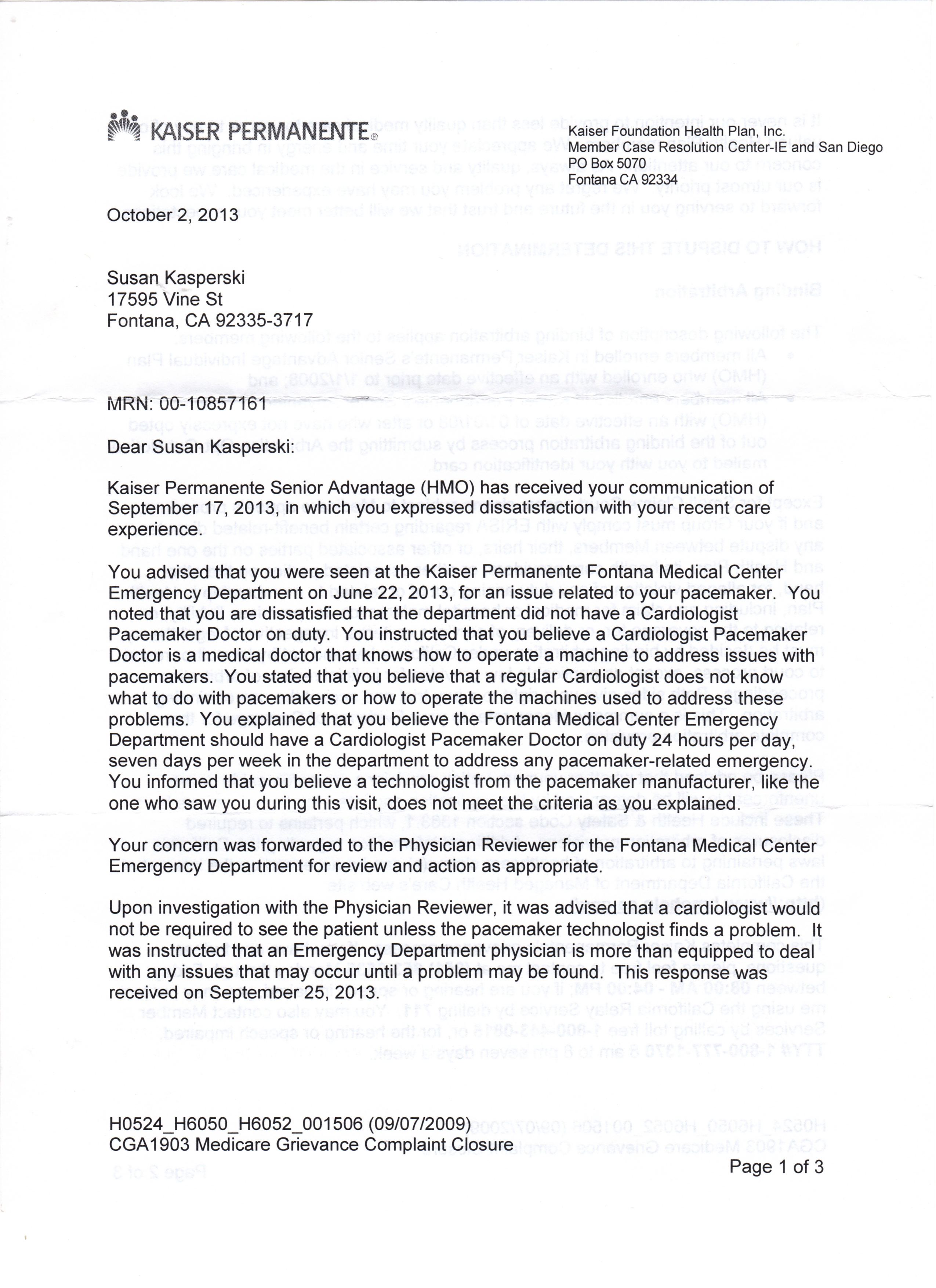 Letter from Kaiser Fontana pertaining to Pacemaker care in the ER