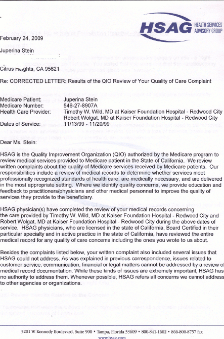 Corrected letter - results of the QIO review of the Jupirena Stein Quality of Care Complaint