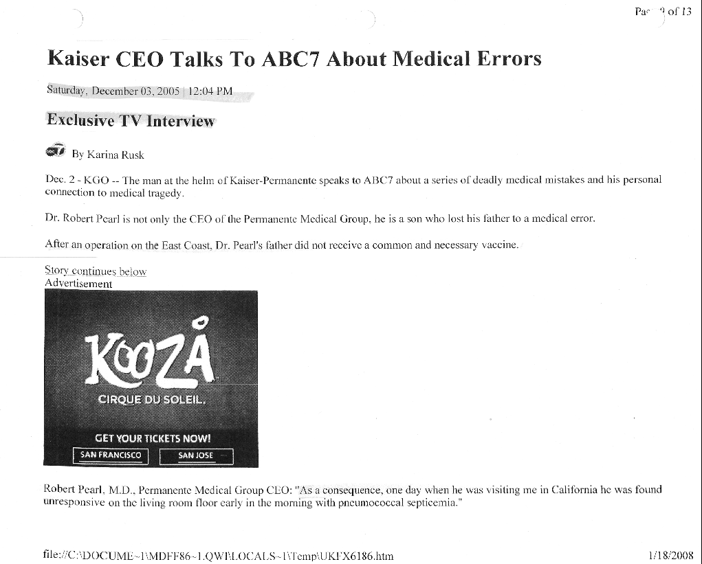 Robert M. Pearl, Kaiser CEO to talk to ABC7 about Medical Errors