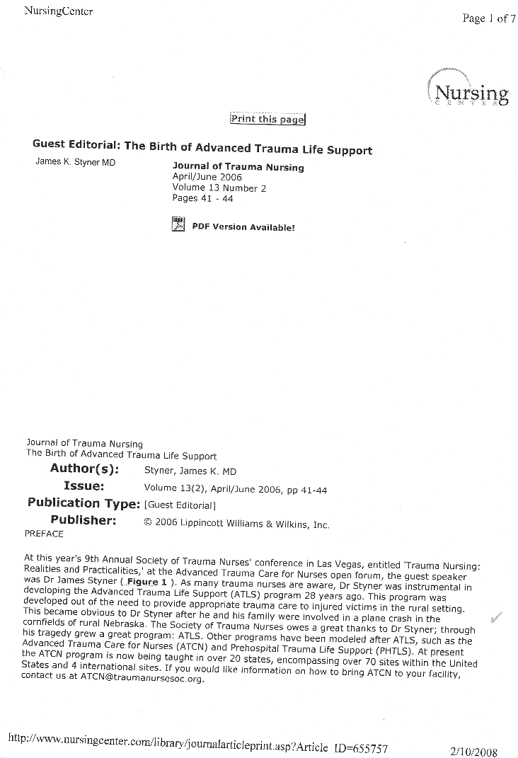 EXHIBIT I - ROBERT PEARL - Nebraska Plane Crash  ATLS Course - The Birth of Advanced Trauma Life Support